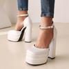 Fashion Women's New Genuine Leather Square Headed Water Diamond Thick Sole Silk Button Strap High Heel Large Size Fashion Sandals