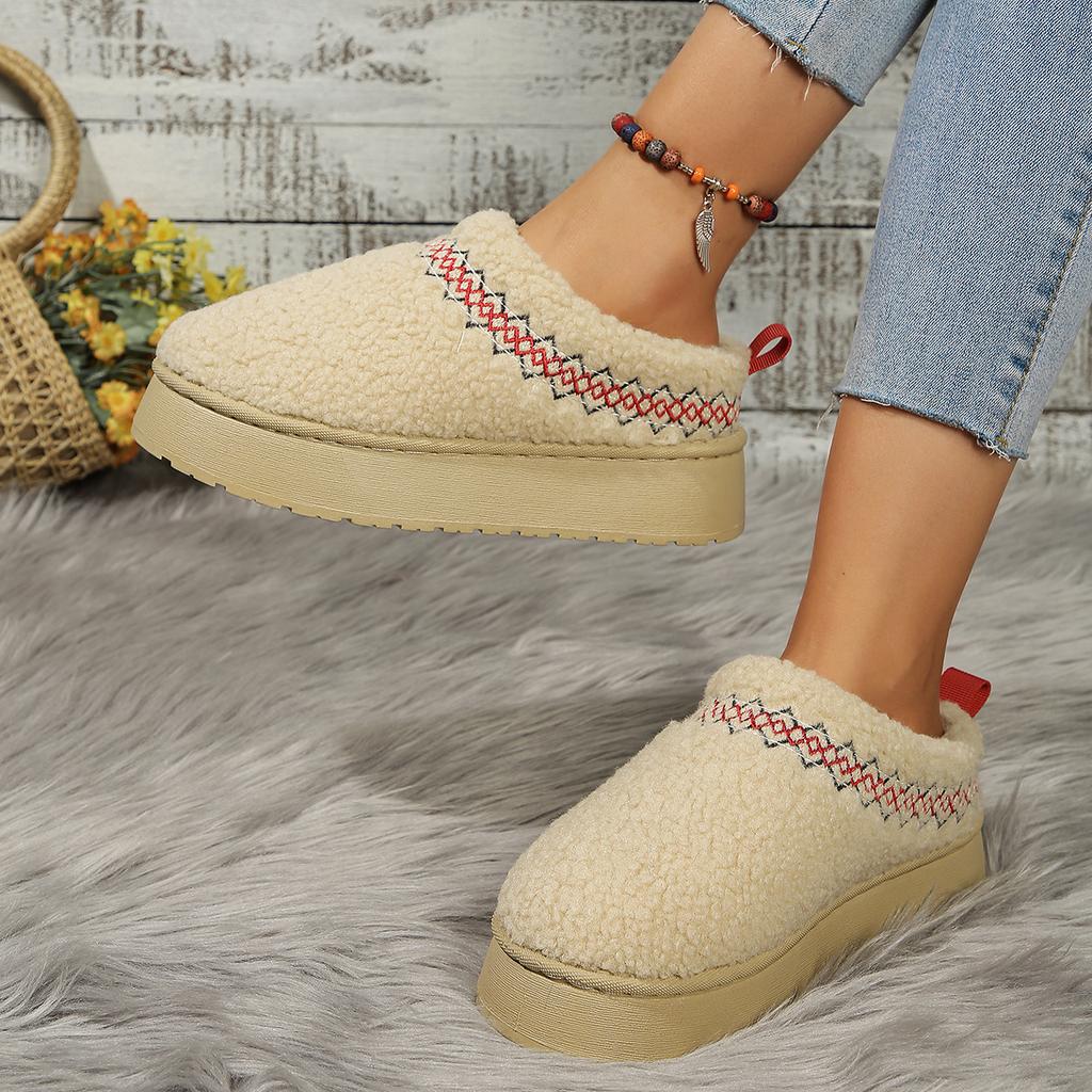 Thick Soles Wear Winter Half Slippers, New Ethnic Style Lace Semi-support Snow Cotton Slippers