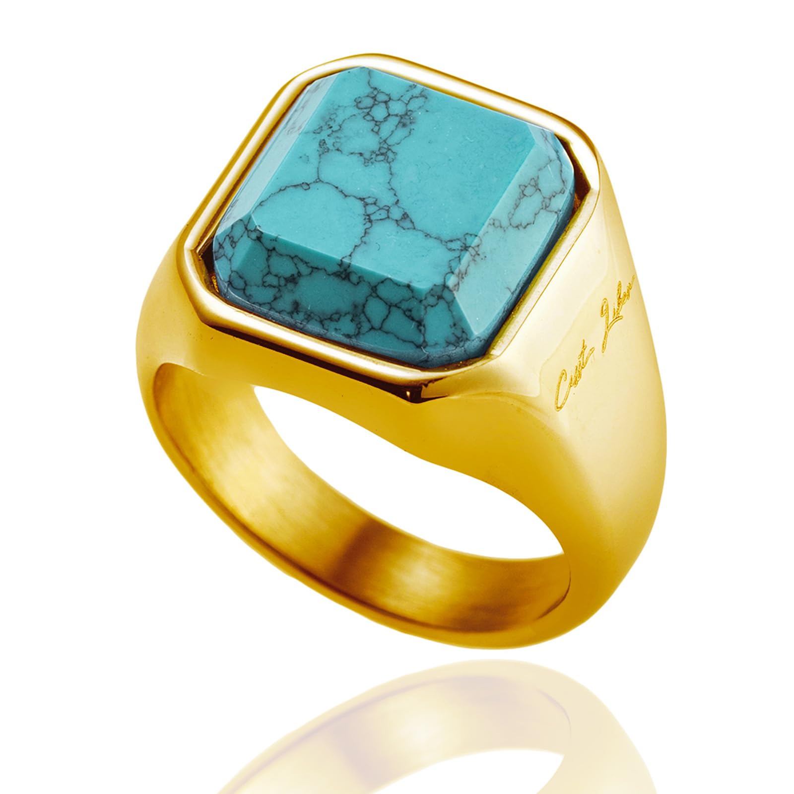 

[Cisst liber] African Jasper Signet Ring for Men and Women, Surgical Stainless Steel with Natural Stone, Gold, Sizes 13-14