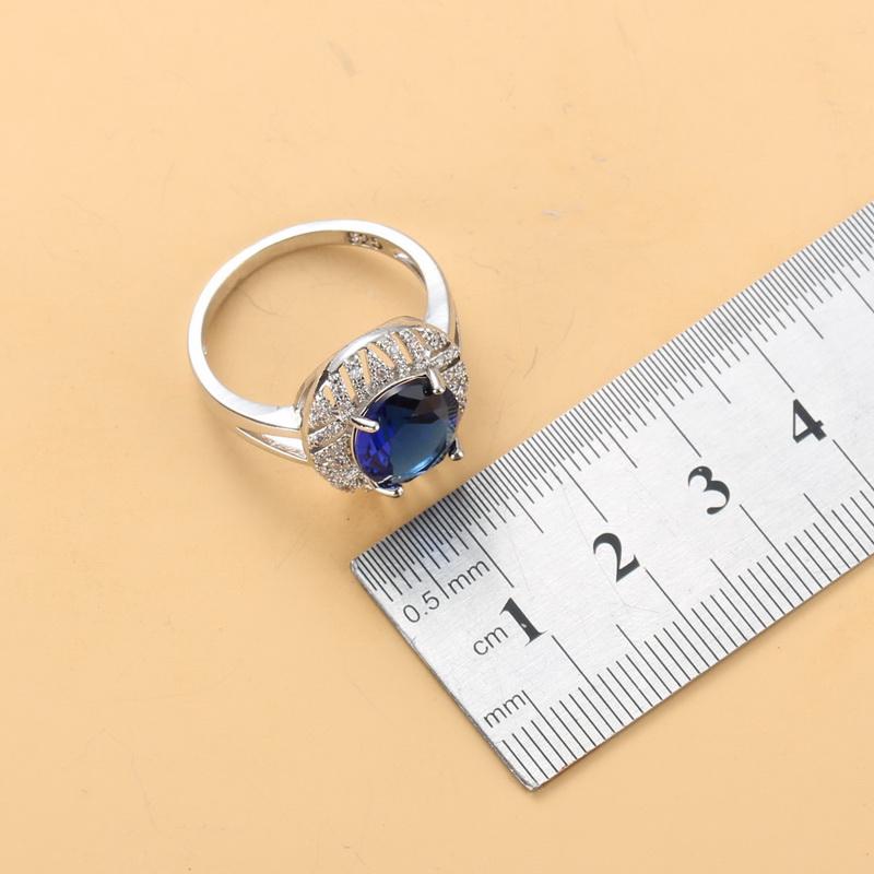 Braut Hochzeit Große Schmuckaccessoires Mit Natürlichem Zirkonia Blau Hängeclip-Ohrringe Und Ring-Set Für Frauen Geschenk