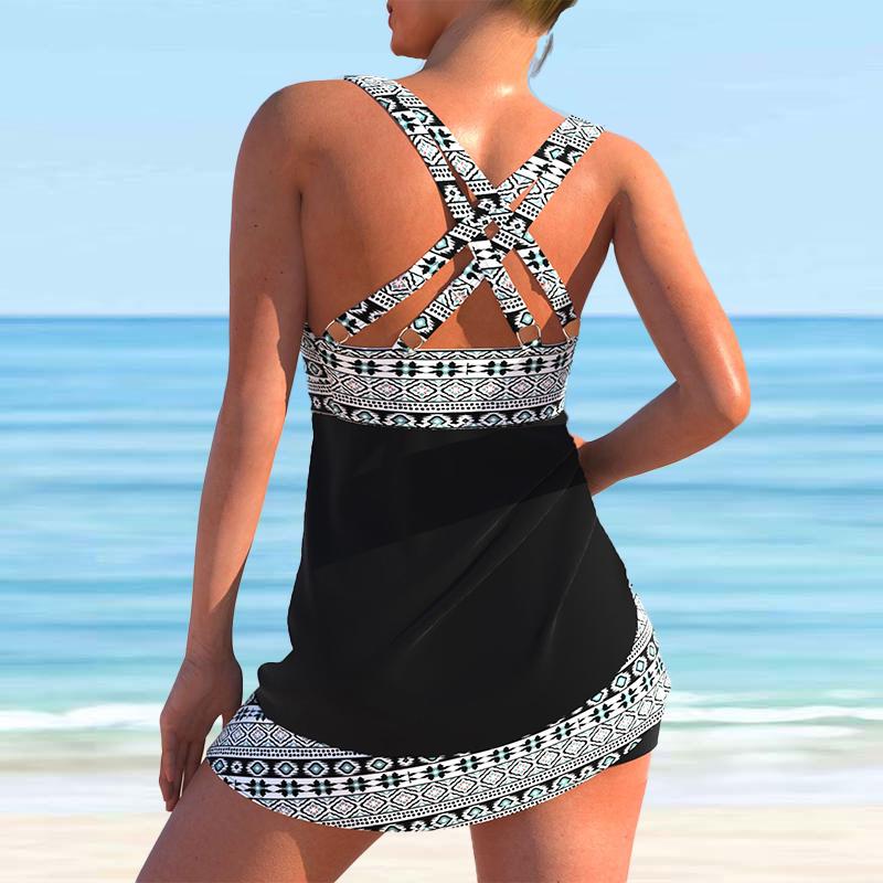 Women's Shoulder Strap Swimsuit with White Square Print Bikini Short Tank Top Swimsuit