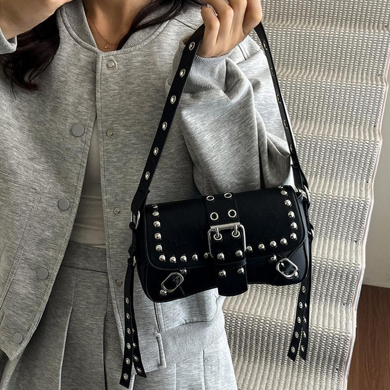 Trendy Punk Style Armpit Bag Large Capacity Underarm Bag Vintage Style Handbag Rivet Design Shoulder Bag For Women