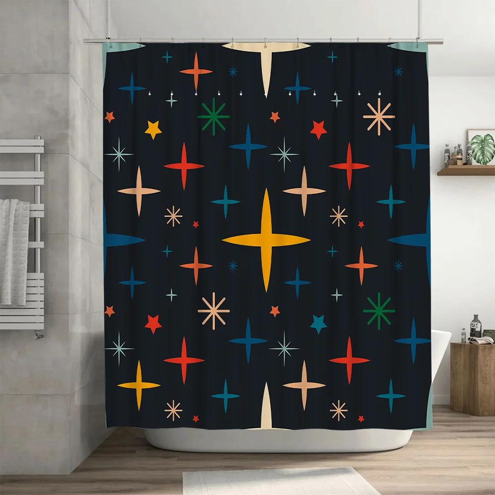 Vintage Stars Shower Curtain Modern Bathroom Decor, Navy Blue Background with Red, Yellow, Green, Orange Teal Star Pattern