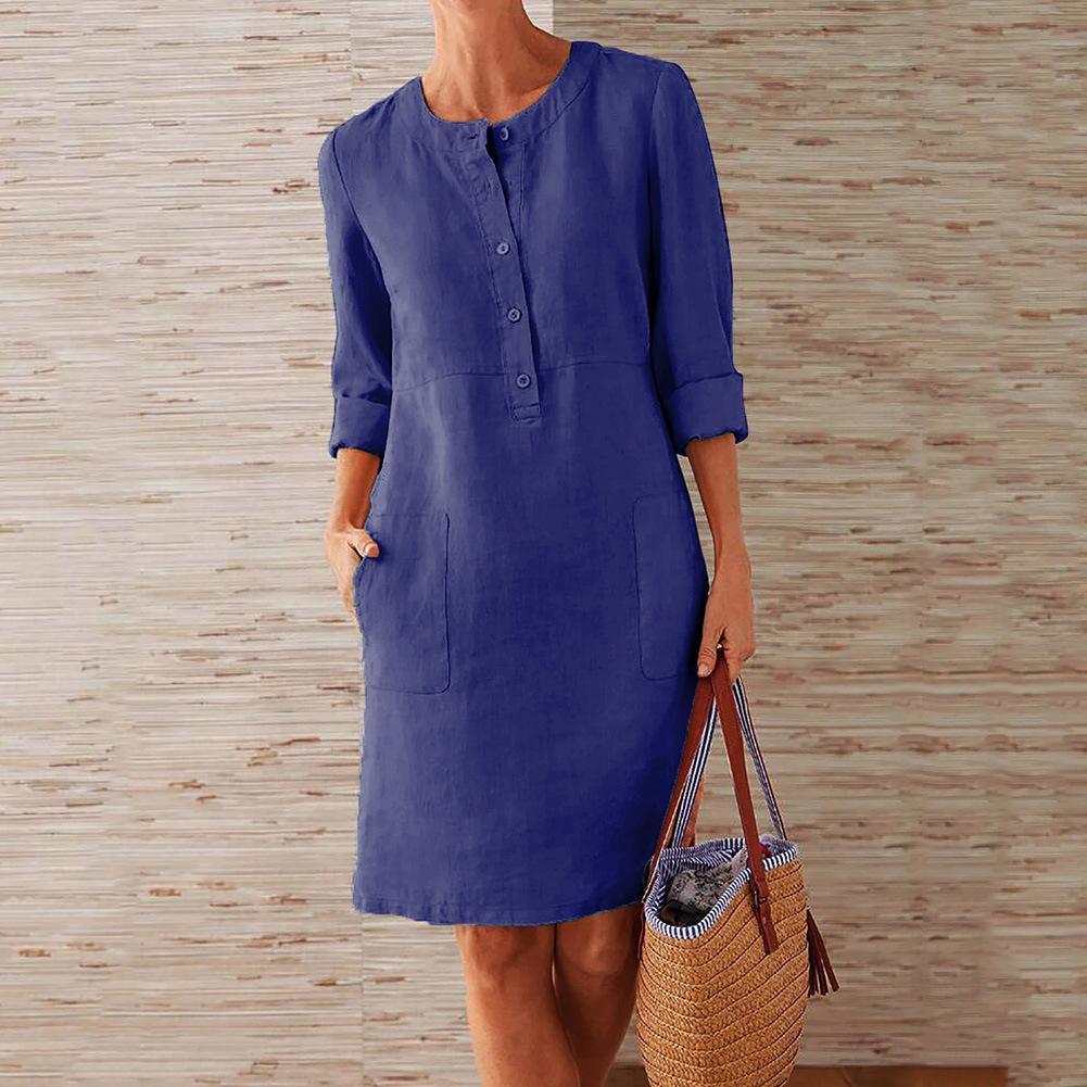Cotton Linen Long Sleeve  O-neck Knee Dresses for Women Pocket  Solid Fashion  Party Dress Plus Size Ruched Dress