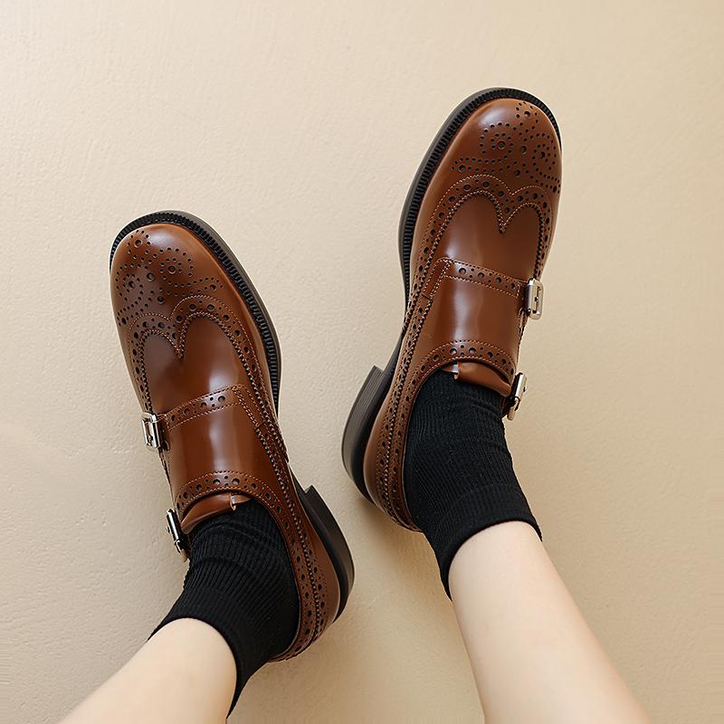 Fashion Women Oxford Low Heel Spring Autumn Shoes for Woman Genuine Leather Buckle Vintage Laces Loafers Casual Sneakers Shoes 2025 New