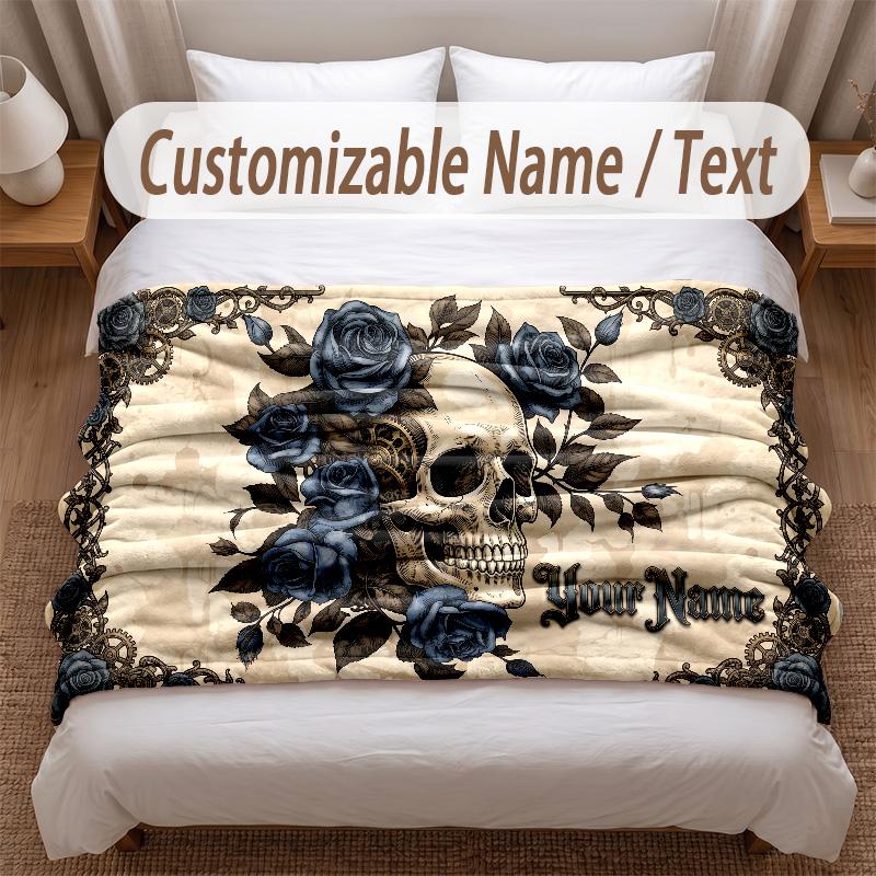Skull Gothic Theme Soft Blanket Personalized Custom Name Text Print Warm Blanket Home Sofa Bedroom Decor