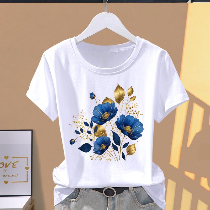 (Asian Size) watercolor flower cute Casual T Short Sleeve T-shirts Women's Top Print O-neck Fashion Female Clothing Graphic Tee