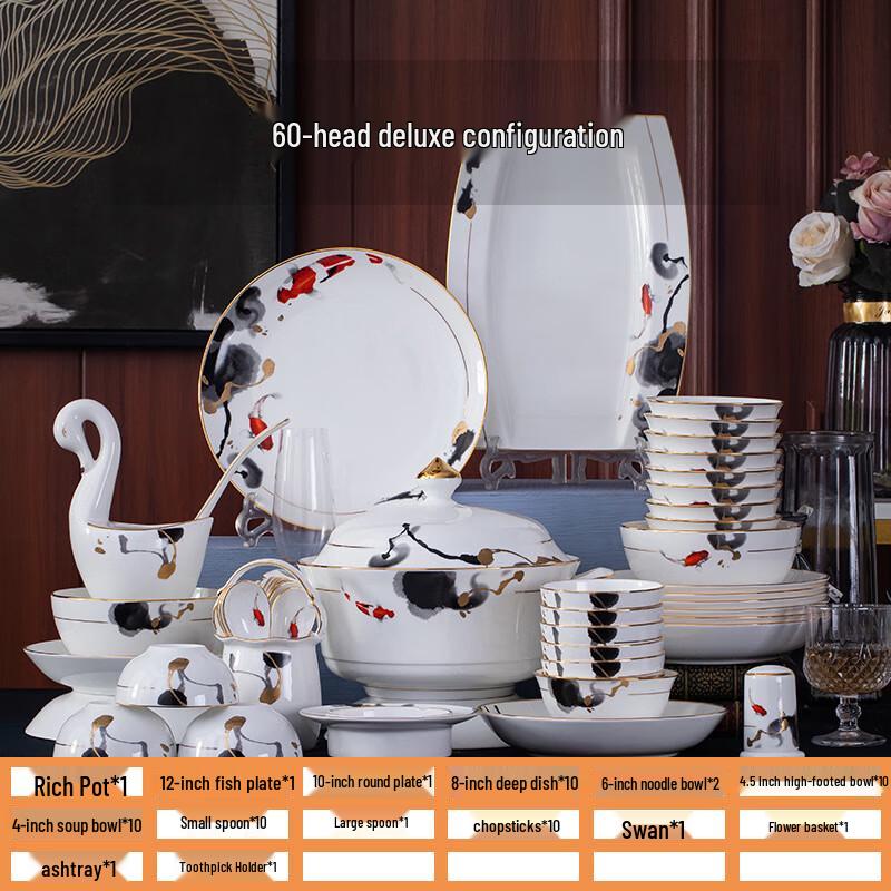 

JANLA 60-Piece Chinese Gold Rim Ceramic Dinnerware Set