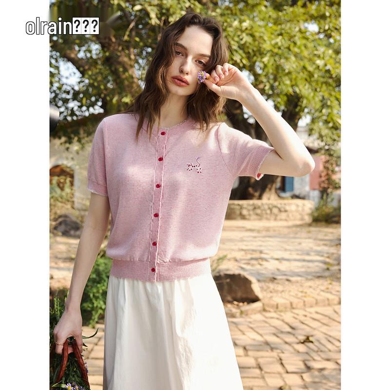 Olrain Women s Linen Blend Embroidered Short Sleeve Cardigan M розовый