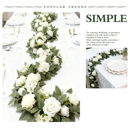 Artificial Rose Flower Garland UV Resistant Realistic Faux Flower Vine with Green Leaves Wedding Party Hanging Simulation Bloom Rattan Decoration