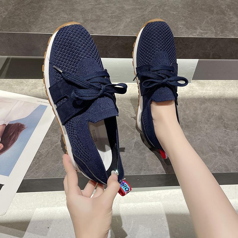 Cross-border Large-size New Fly-woven Mesh Breathable Casual Lightweight Lace-up Thick Heel Women's Casual Single Shoes Women