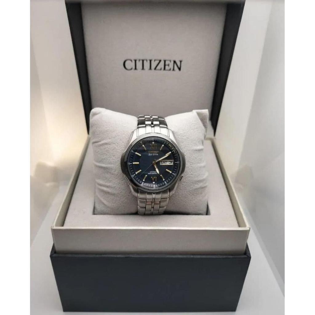 Used [Secondary Battery Replaced] Citizen Attesa Radio-Controlled Solar Watch Titanium Navy Dial