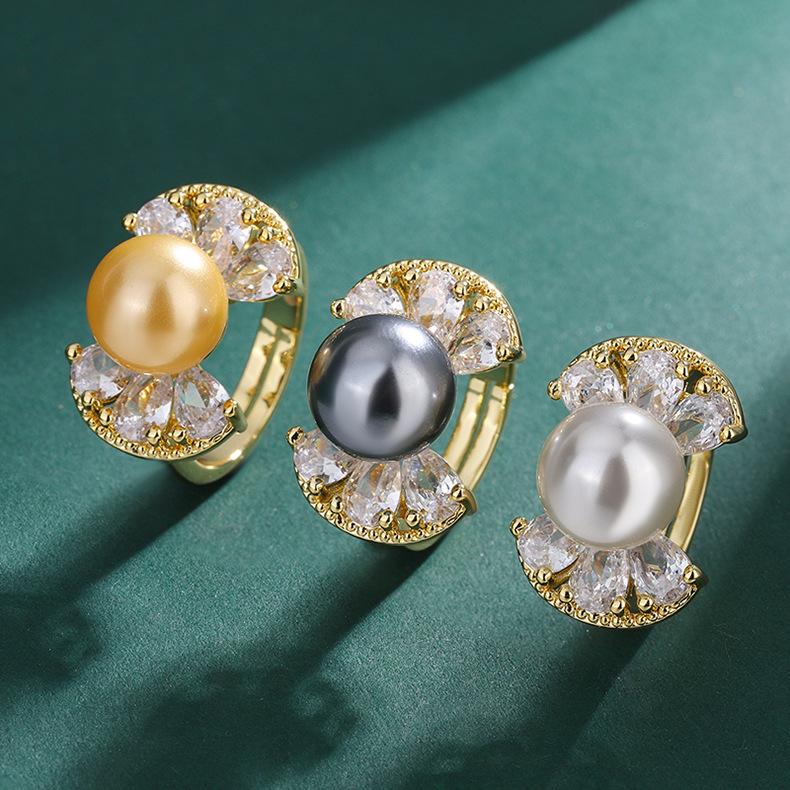 10mm Butterfly Knot Pearl Ring Micro Inlaid Zircon White Shell Imitation Natural Mother Of Adjustable