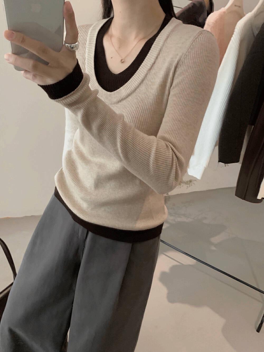 

Женский вязаный свитер в стиле ретро с цветными блоками - осенне-зимний топ с U-образным вырезом в корейском стиле Small