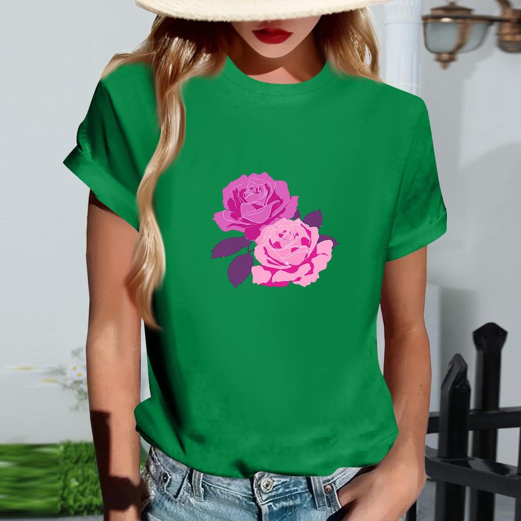 Women's Fashionable Round Neck Casual Retro Print Short Sleeved T-shirt Top