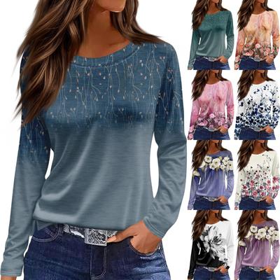 Women's Fashion Casual Slit Hem Round Neck Long Sleeve Loose  Printed T-Shirt Ladies Top
