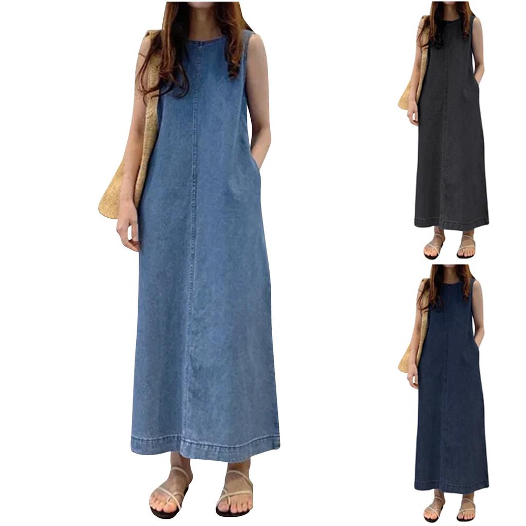 Women's Fashion Solid Color Maxi Dress Round Neck Sleeveless Pocket Loose Tank Top Denim Dress
