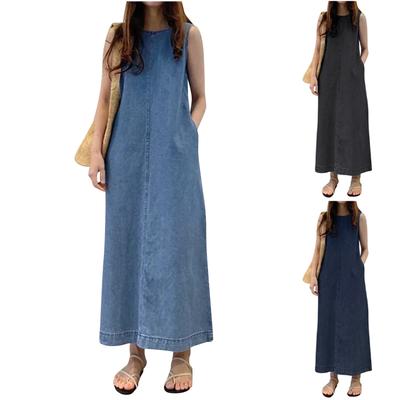 Women's Fashion Solid Color Maxi Dress Round Neck Sleeveless Pocket Loose Tank Top Denim Dress