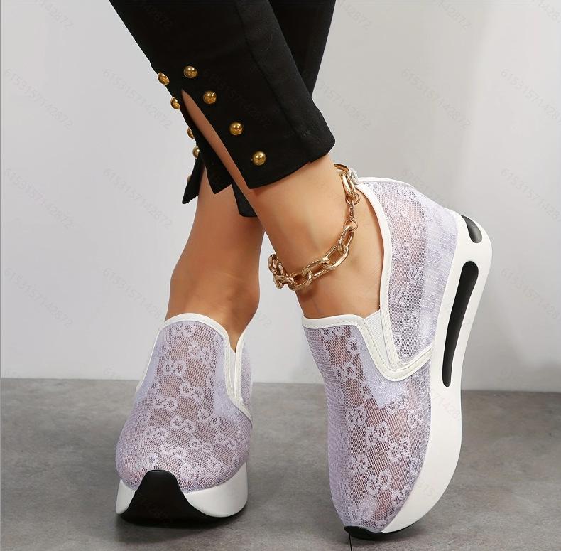 Damesschoenen Bloemenborduurwerk Mesh Sneakers voor dames Instapper Casual Comfortabele schoenen met hoge hak Vrouw