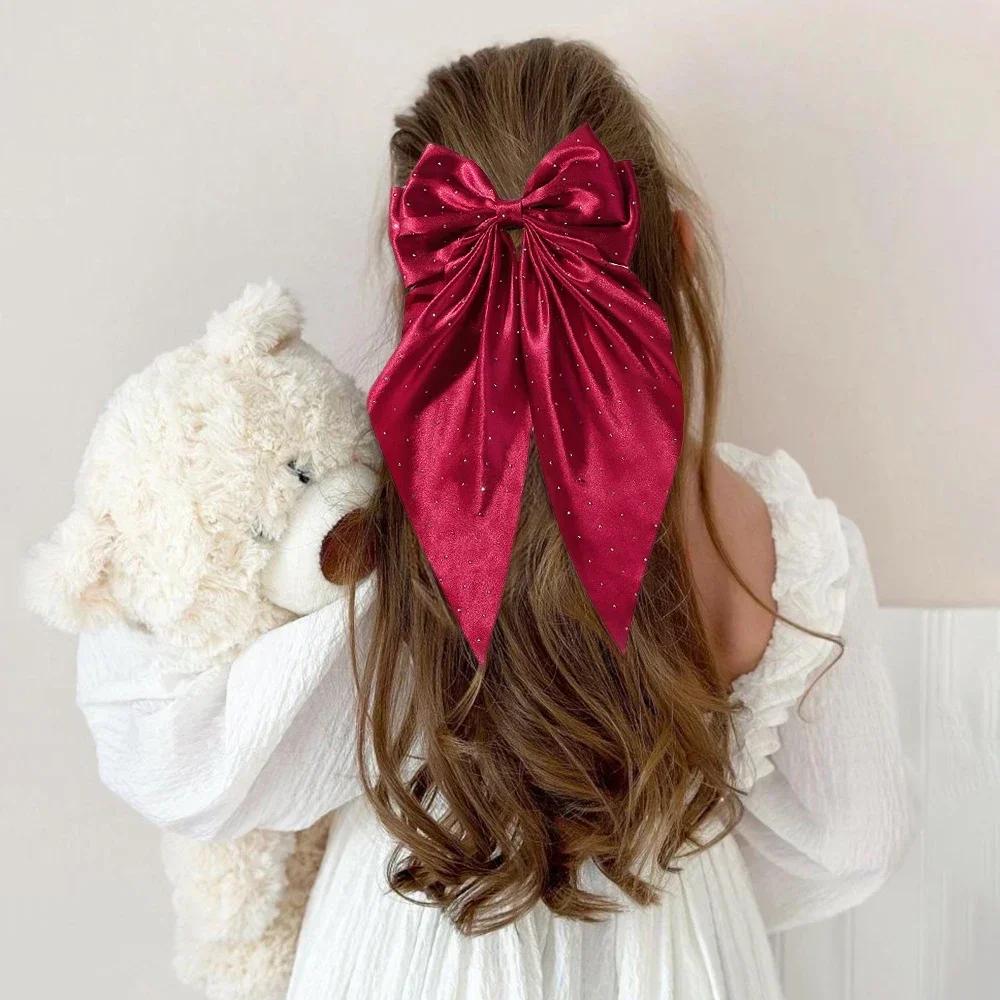 RAINBOW BOWS 13" Satin Rhinestone Long Tassel Bow Streamer Hair Clip for Women Girls Hairpin Barrette Headwear Hair Accessories