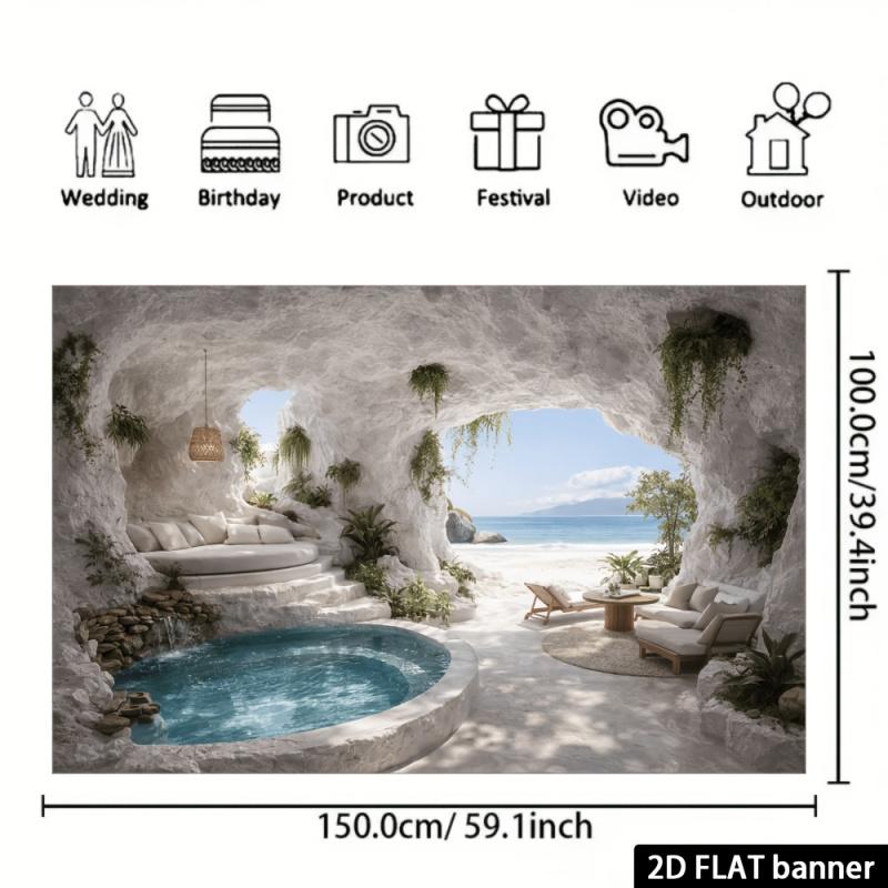 2D flat white cave-themed seascape backdrop suitable for living rooms bedrooms live streaming studios and guesthouse