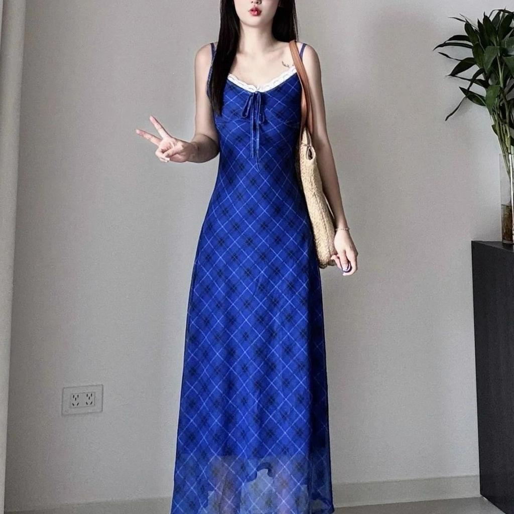 Blue Plaid V-neck Suspender Dress Women's Summer Lace Splicing Slim Skirt Vacation Style Waist A-word Long Dress