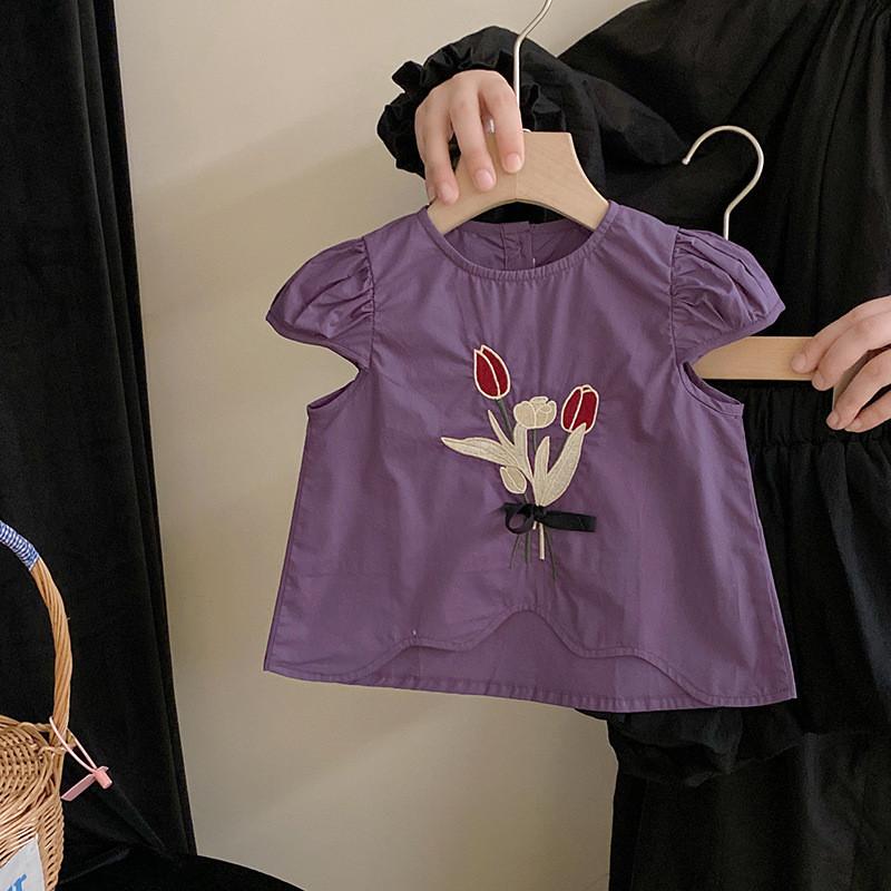 

Elegant Korean Children s Fashion Summer Set With Soft Embroidered Flower Top And Cozy Pumpkin Shorts For Girls Aged 3 To 8 Years Top,140cm