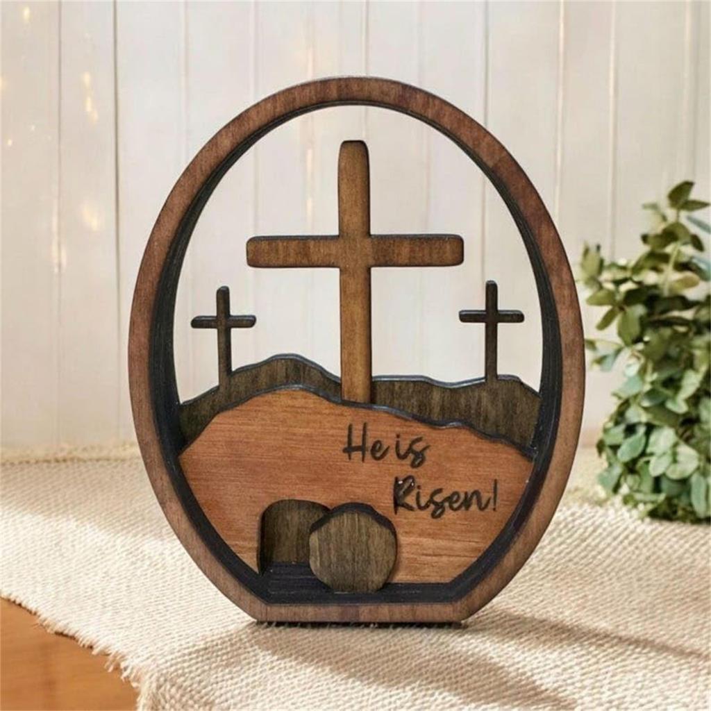 Easter Decoration He Is Risen Wooden Easter Resurrection Scene Cross Tomb Tray Set Easter Decor Centerpiece For Religious Home Table