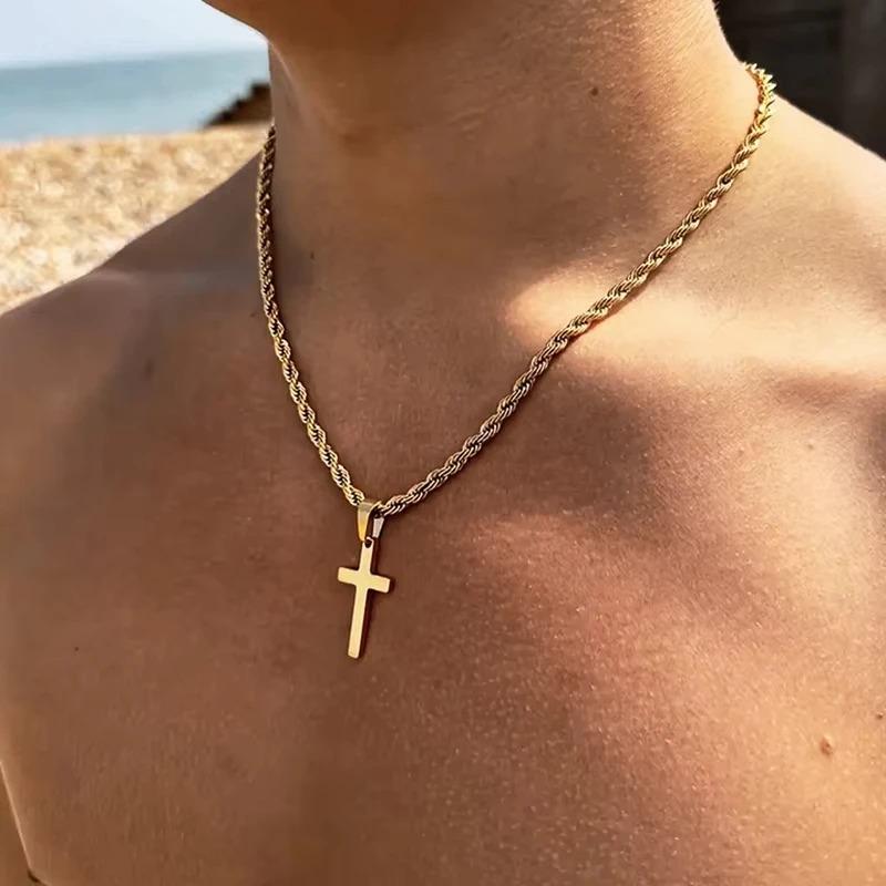 New Stainless Steel Cross Pendant Necklace for Men Women Minimalist Gold Color Jewelry Male Female