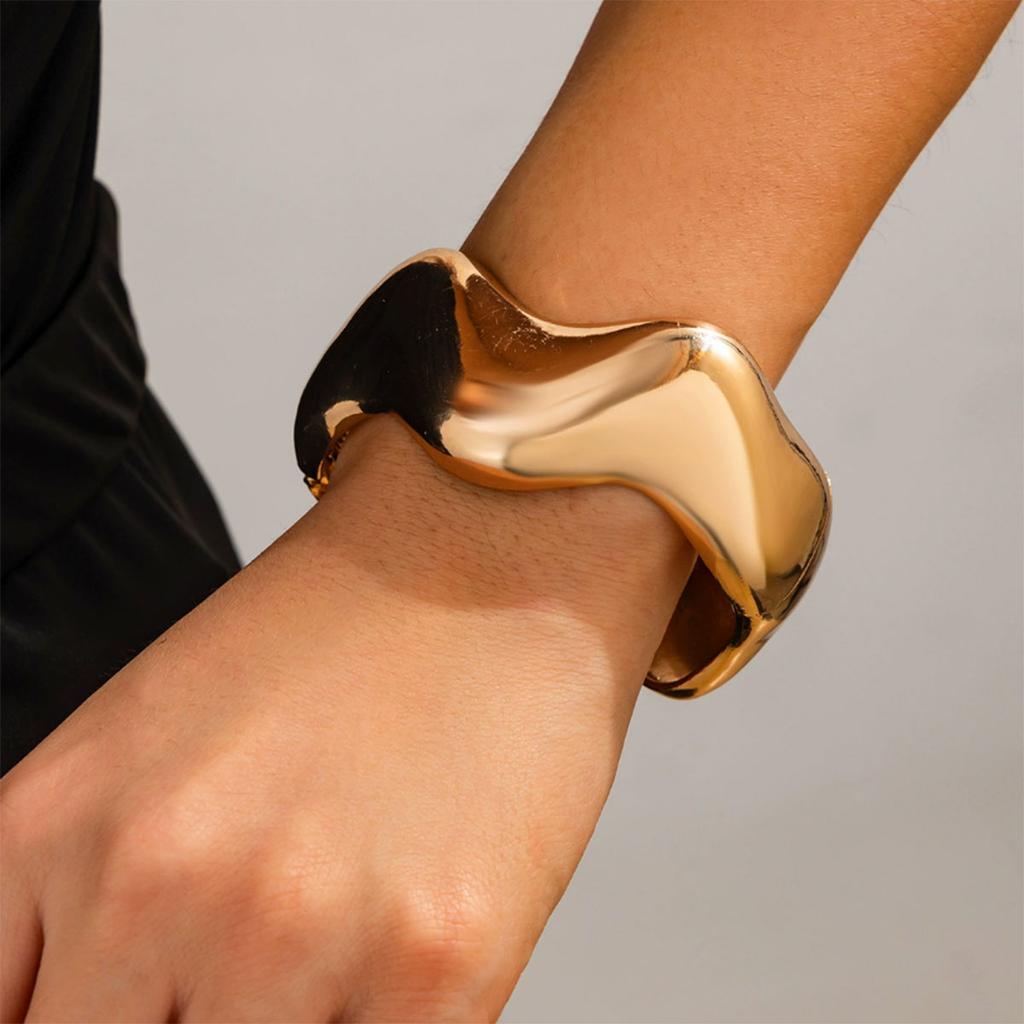 Exaggerated Punk Irregular Wide Cuff Spring Bangles for Women Vintage Gold Color Chunky Metal Bracelets Men Jewelry Gift