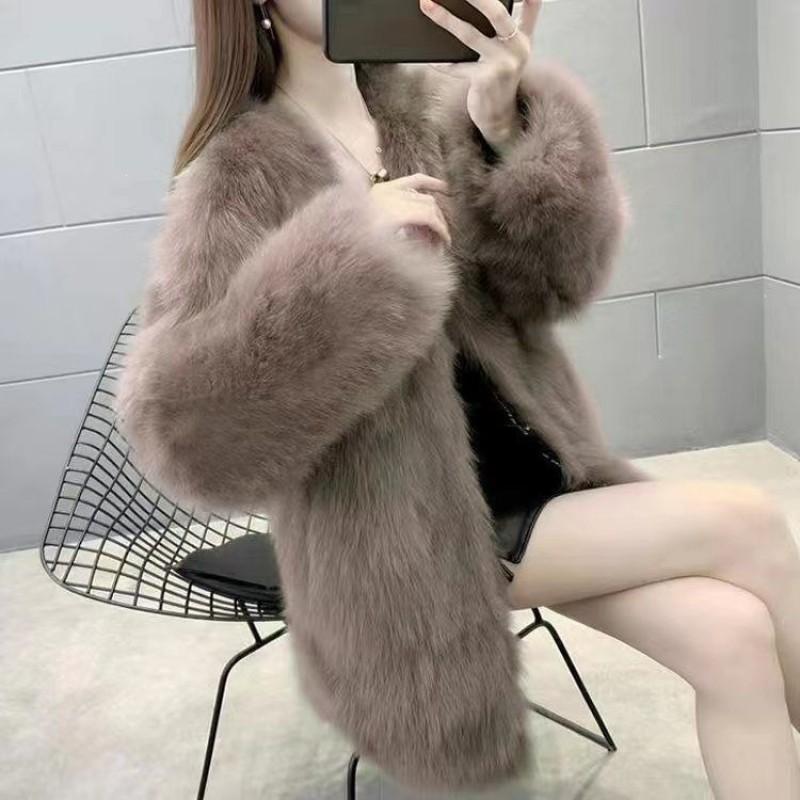 Womens Faux Fox Fur Coat Mid-Length V-Neck Slim Fit Winter Parka Rabbit Outerwear