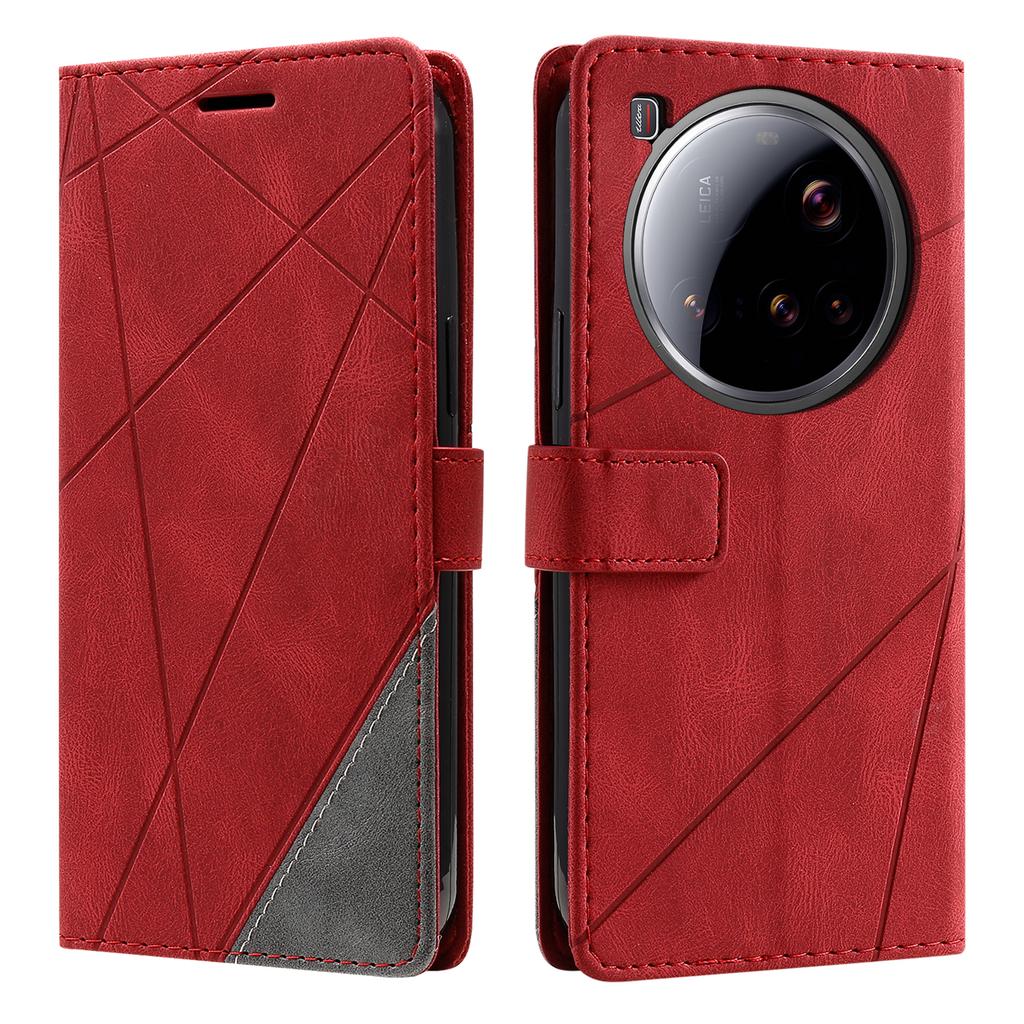 For Xiaomi 15 Ultra Case Imprinted Lines PU Leather Splicing Wallet Phone Cover with Wrist Strap