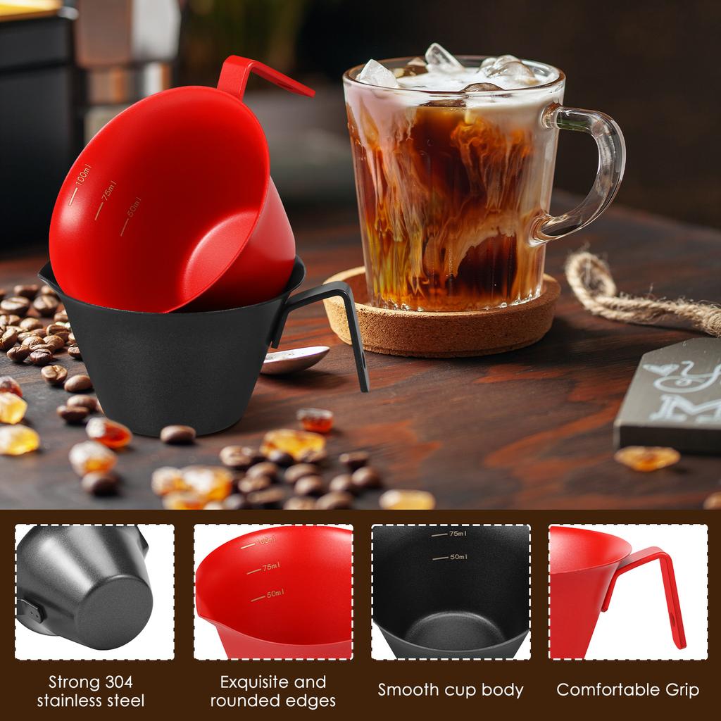 2Pcs Coffee Measuring Cup 304 Stainless Steel Espresso Pouring Cup with 50/ 75/ 100ml Marks Barista Accessories Pouring Cup