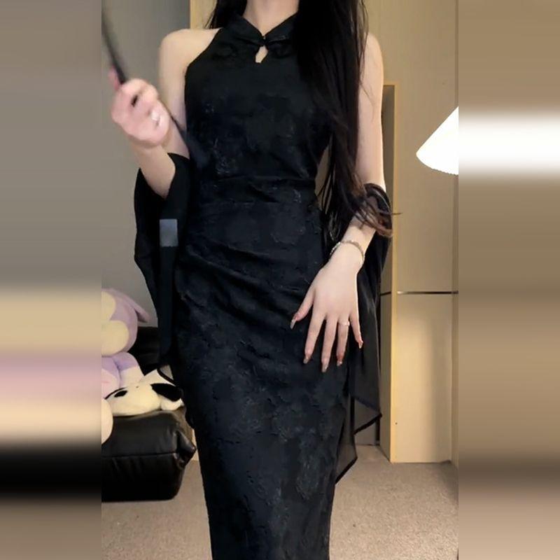New Chinese Style Cheongsam Dress Women's New Spring and Summer High-end Black Temperament Dress Set