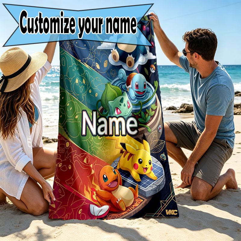 Custom Name Personalized Pocket Monster Print Beach Towel, for Trip Camping Beach Party Home Decor, Birthday Gift for Family & Friends