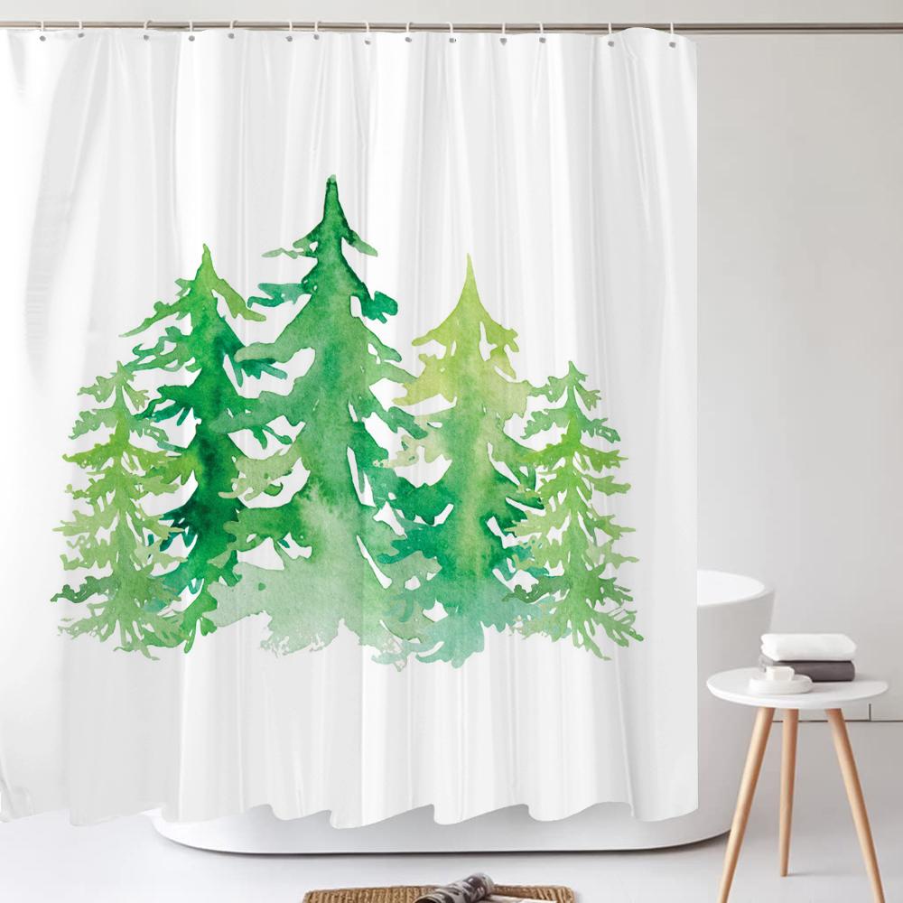 1 Pcs Nordic Simple Green Plant Waterproof Shower Curtain, Christmas Tree Bathroom Decoration Curtain, With Plastic Hooks