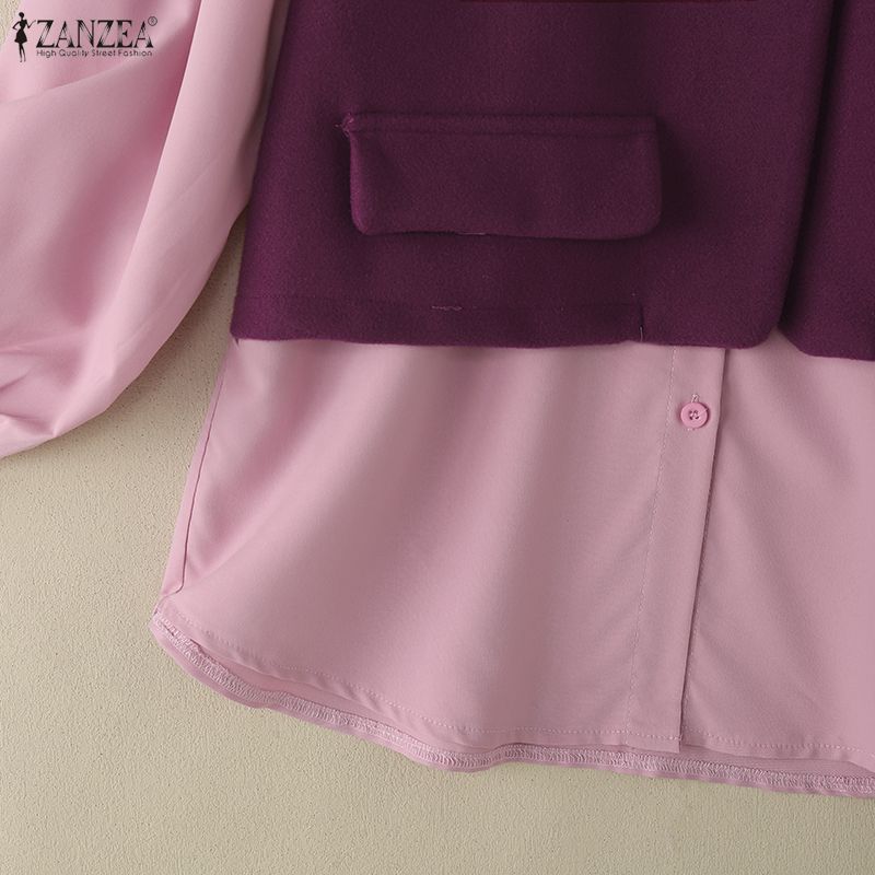 ZANZEA Blusa Casual de Mujer con Cuello Redondo, Manga Larga Holgada y Patchwork