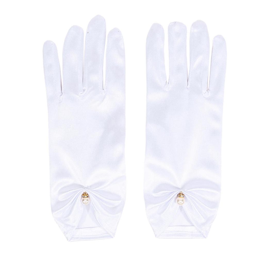 Women Elegant Satin Short Mittens Faux Pearl Pendant Decoration Solid Color Etiquette Gloves Dinner Party Opera Wedding Stage Performance