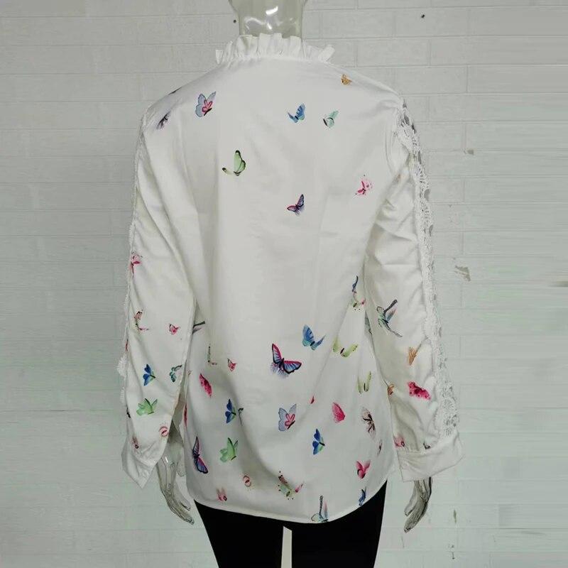 2026 Spring Elegant Long Sleeve Spliced Lace Blouse Women Sweet Print Ruffled Collar Tops White Shirt Loose Clothes 30642