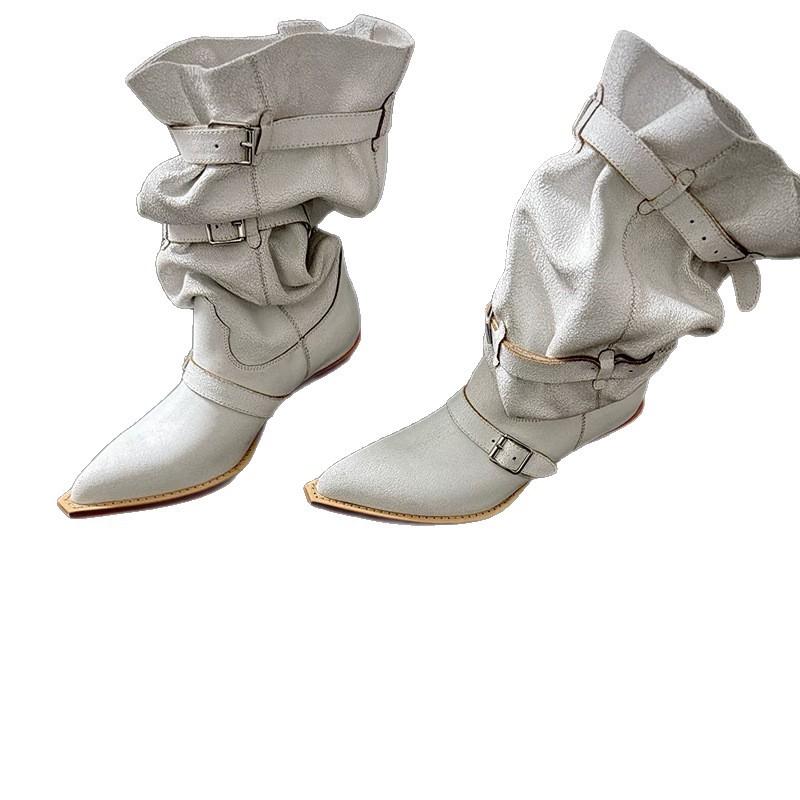 Cowhide version~ European and American Spice Girls style pointed white stacking boots Western cowboy boots women's wide knight boots long boots