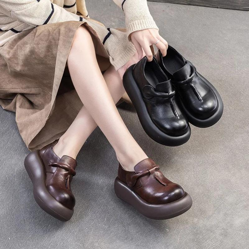 Fashion Summer New Retro Thick Soled Genuine Leather Flats Loafer Simple And Comfortable Casual Commuter Women's Outdoor Walking  Shoes