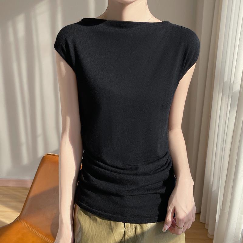 Off-Shoulder Merino Wool Slim-Fit Knitted T-Shirt for Women – Short-Sleeve & Versatile Top