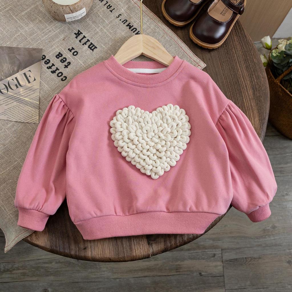 Girls' 2025 Autumn Heart Design Loose Pullover Top