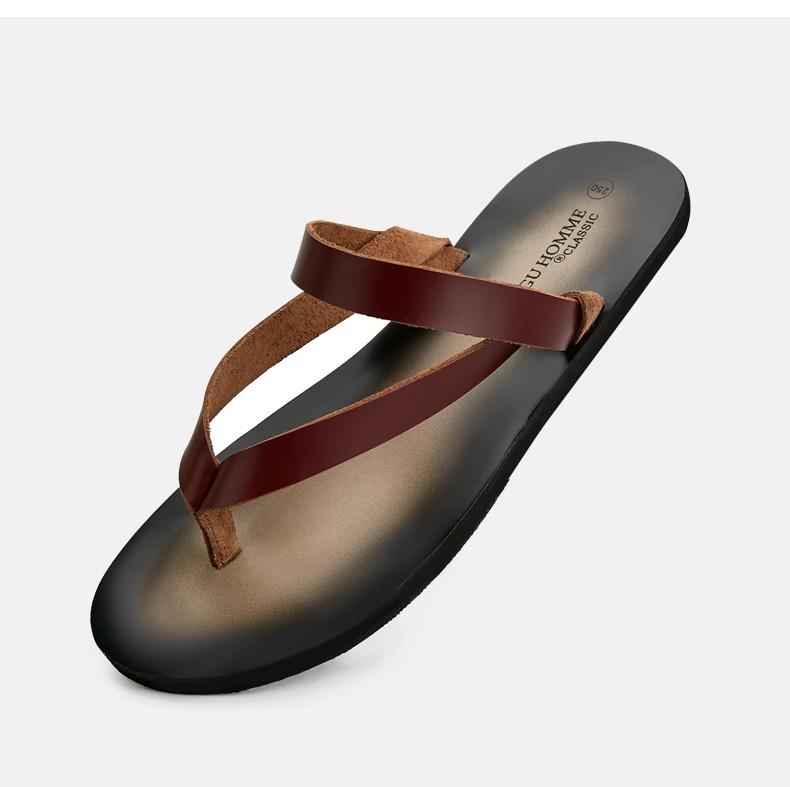 Men's Top Grain Cowhide Genuine Leather Non-Slip Summer Slippers - Trendy, Breathable, Versatile Flip Flops for the Beach