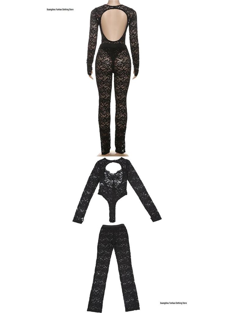 European & American Style 2026 Autumn Street Hot Girl Lace See-through Tight-fitting Pants Set