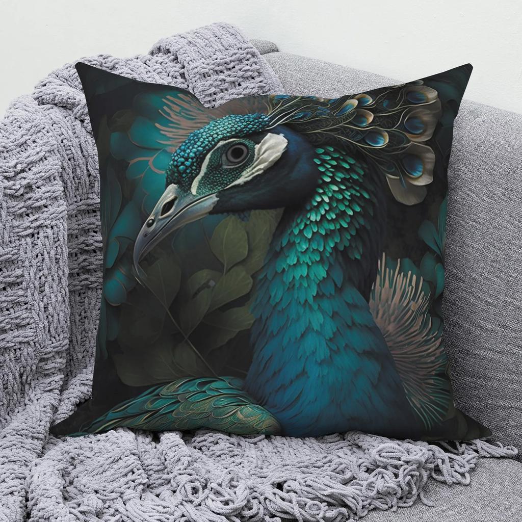 Blue peacock pattern pillowcase modern home bedroom living room sofa cushion cover 45x45cm peach skin pillowcase