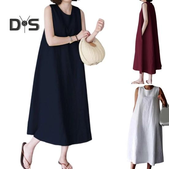 Women Summer Dress O Neck Loose A-line Sleeveless Solid Color Mid-calf Length Soft Breathable Casual Pockets Plus Size Lady Midi Dress