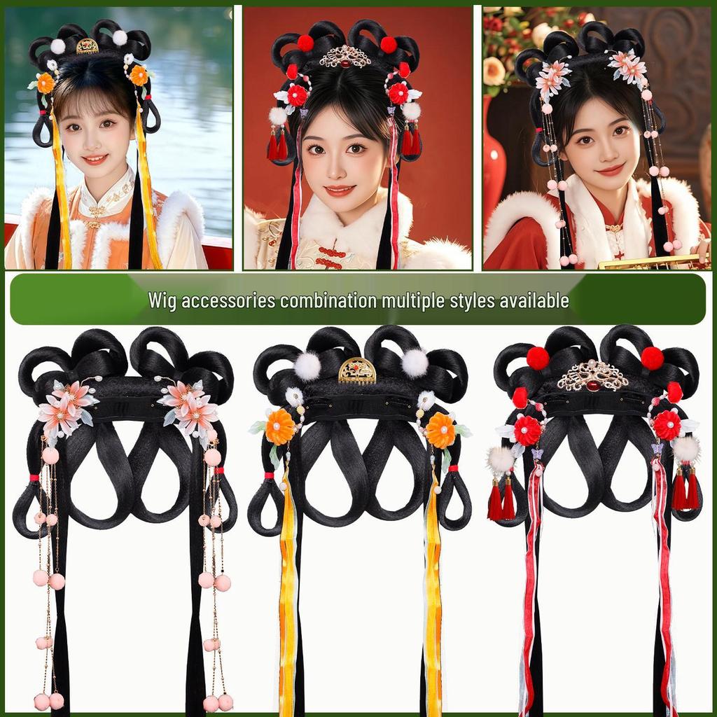 Ancient Hanfu Wig Accessory Set: Sweet Hair Bun with Tassel Flower Headdress for Women