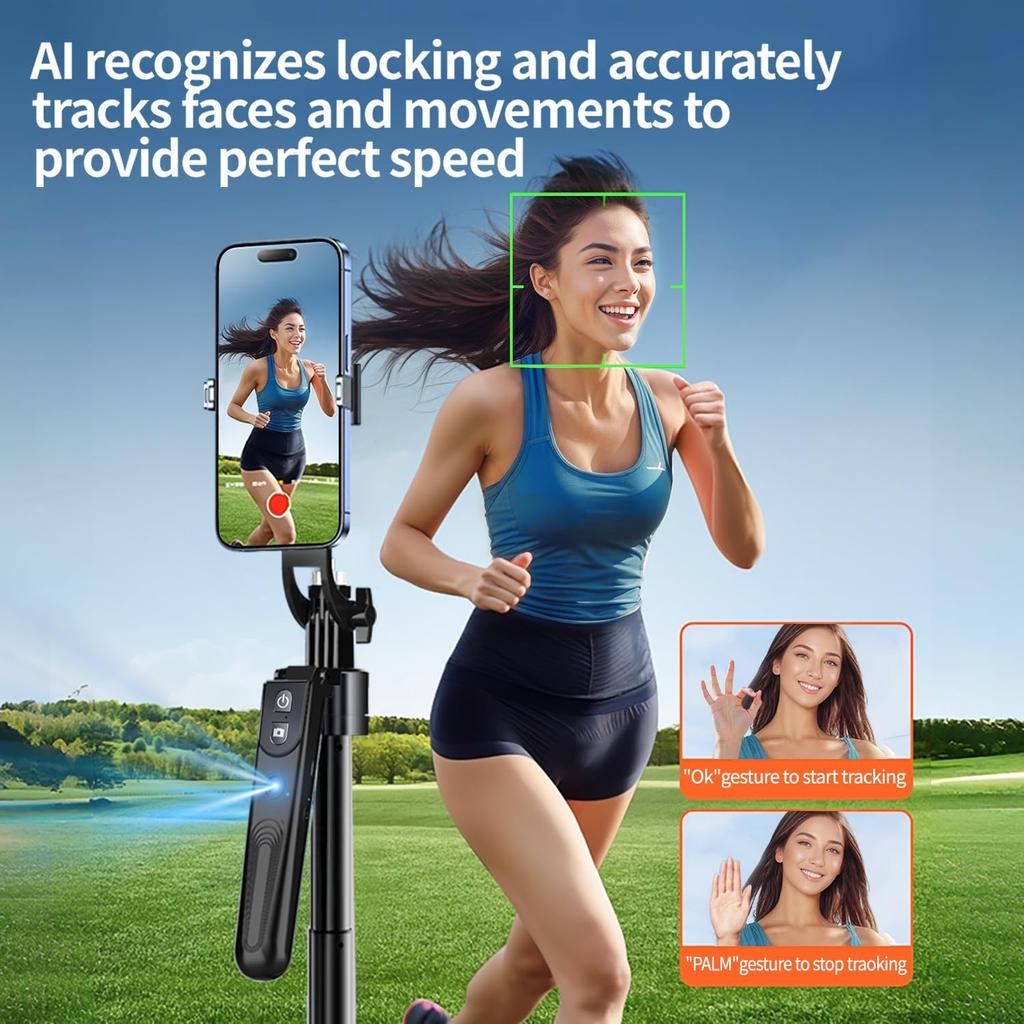 Auto Face Tracking Tripod 360° Rotation with Stand 70.9" Ai Motion Tracking Tripod Motion Sensor Phone Tripod Stand Selfie Stick Rotation Tripod W