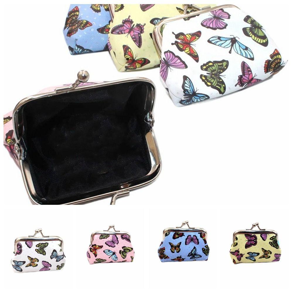 PU Leather Shell Clip Coin Purse Polyester Clip Buckle Purse Butterfly Printed Pouch  Girls